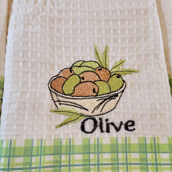 4 Olive Kitchen Towels Lavien Embroidered Waffle Cotton Blend 16x24" Green Plaid - Picture 3 of 13